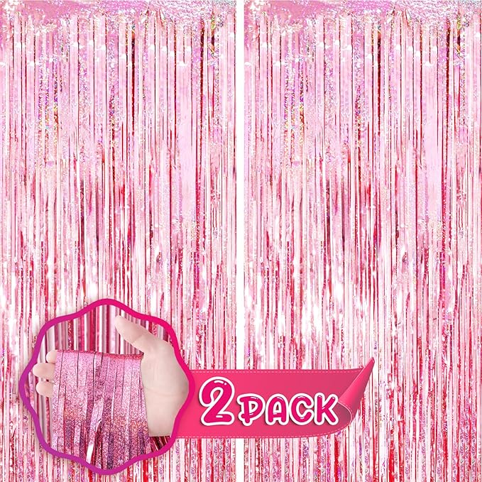 Voircoloria 2 Pack 3.3x8.2 Feet Laser Pink Foil Fringe Backdrop