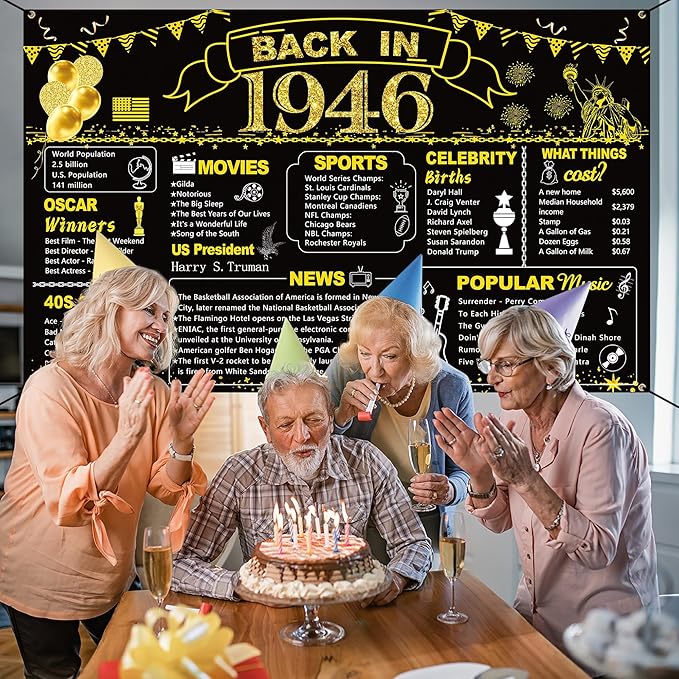 DARUNAXY 80th Birthday Black Gold Party Decoration, Back in 1946
