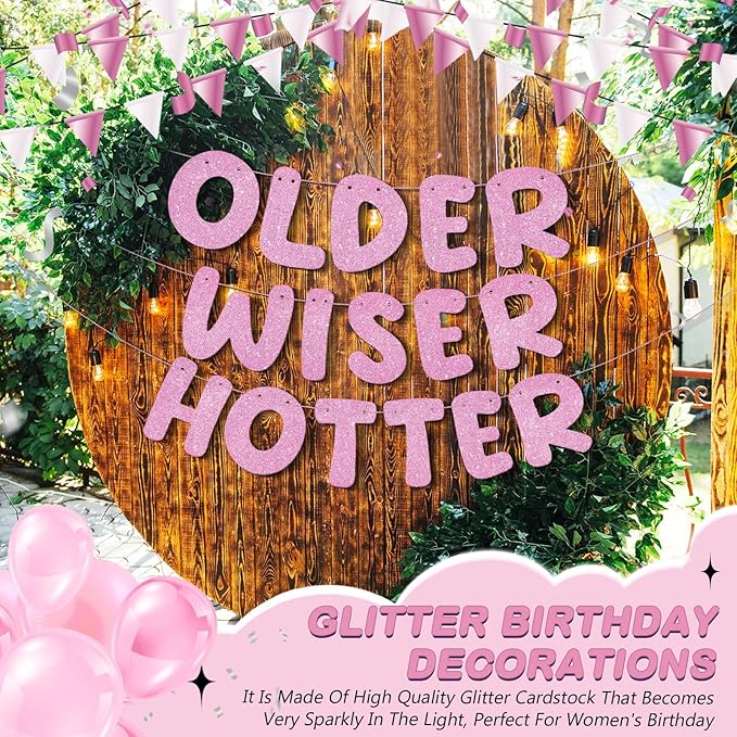 Fulmoon Set of 3 Pre Strung Older Wiser Hotter Glitter Banner Funny