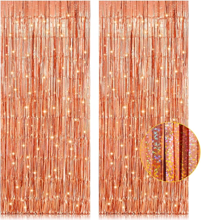 2 Pack 3.2ft x 8.2ft Rose Gold Foil Fringe Curtain Backdrop, Metallic