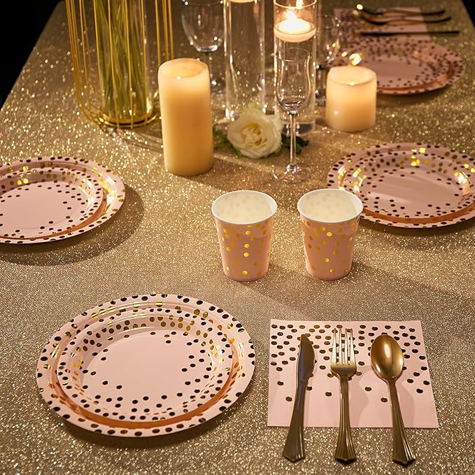 Pink and Gold Party Supplies - 350 PCS Disposable Dinnerware Set -