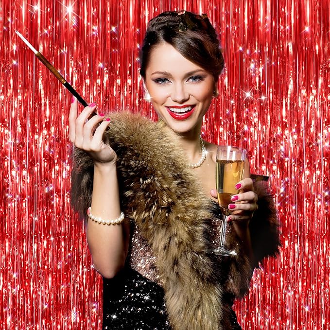 GCB 2 Pack Red Tinsel Backdrop, Fringe Curtains, Red Foil Tinsel
