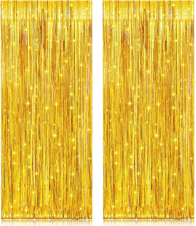 2 Pack 3.2ft x 8.2ft Gold Metallic Foil Curtains, Big Laser Glitter