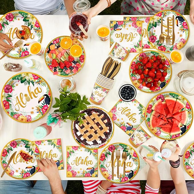 Golden Tropical Luau Party Tableware Supplies 168PCS Hawaiian Plates
