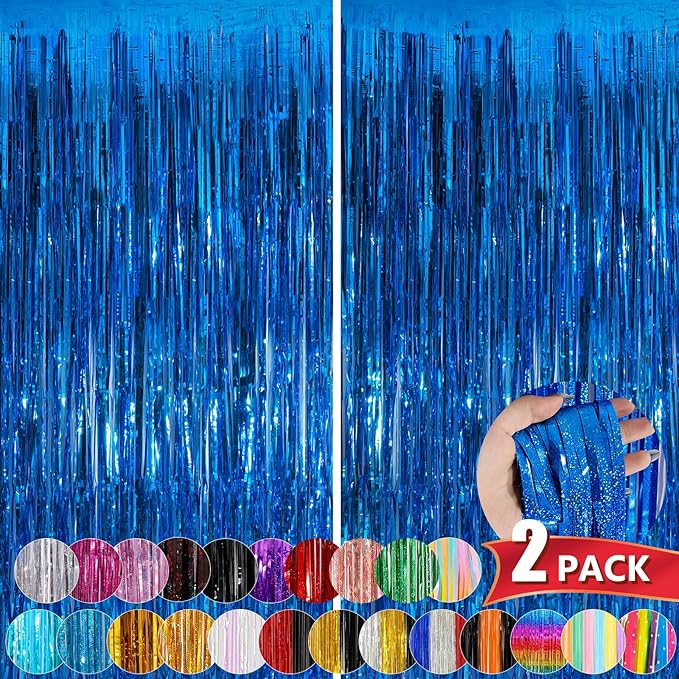 Blue Metallic Tinsel Foil Fringe Curtains, 2 Pack 3.3x8.3 Feet Party
