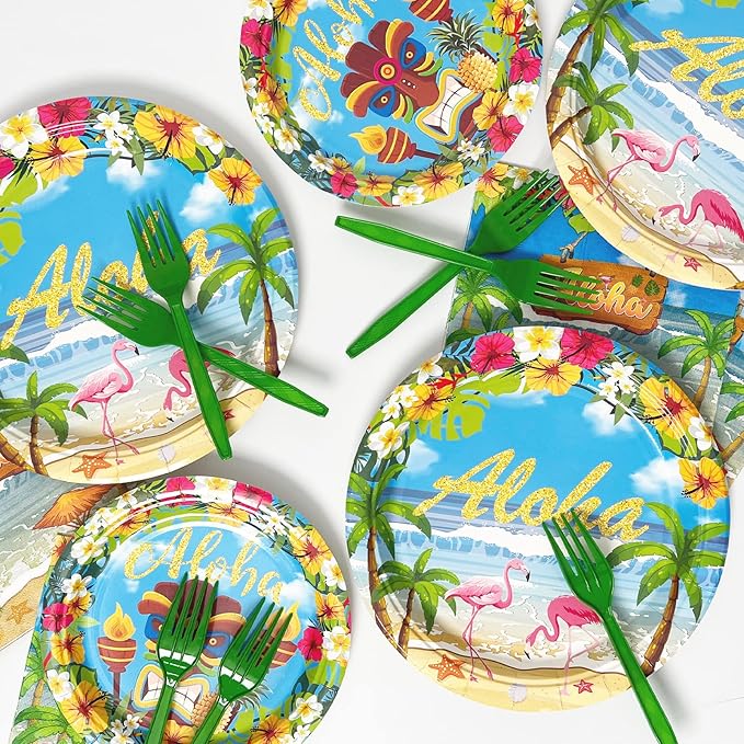 96PCS Hawaiian Aloha Tableware Set Luau Tropical Dinnerware