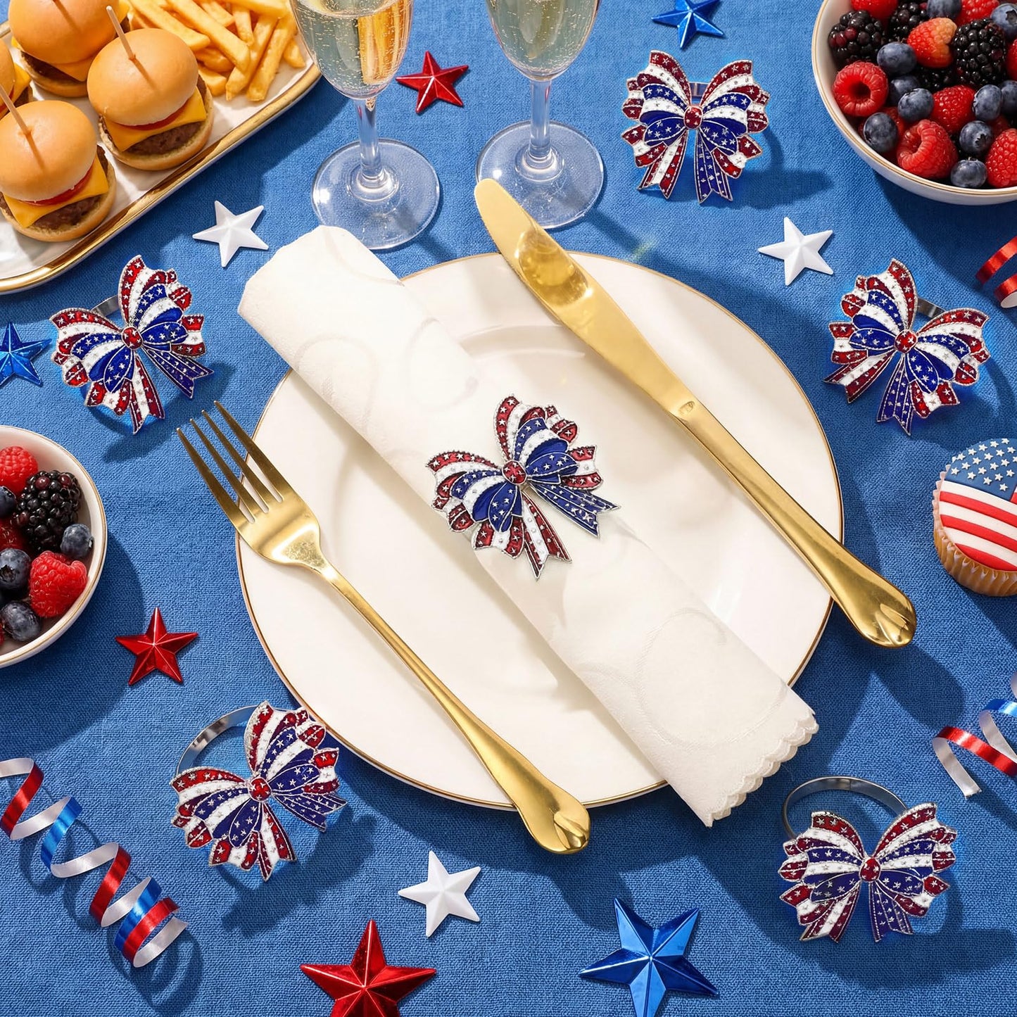 Geiserailie 6 Pieces Patriotic Napkin Rings 4th of July Bow Napkin