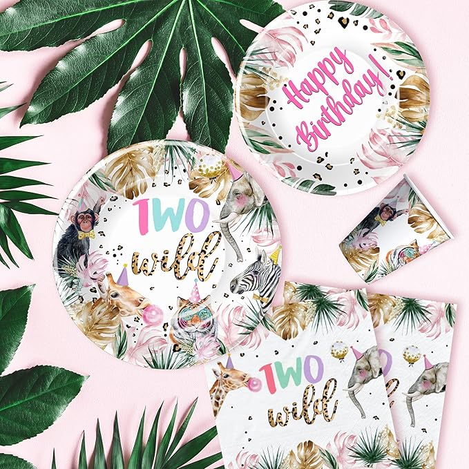 Two Wild Birthday Decorations Girl Tableware Safari Jungle Animal