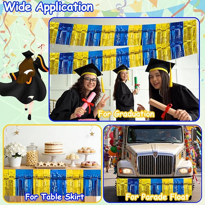 4 Pack 10 Feet Graduation Parade Floats Foil, Royal Blue Gold Fringe