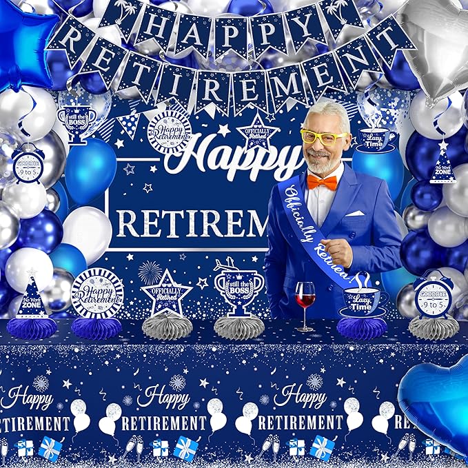 Retirement Party Decorations for Men Women 109Pcs Blue Silver Happy
