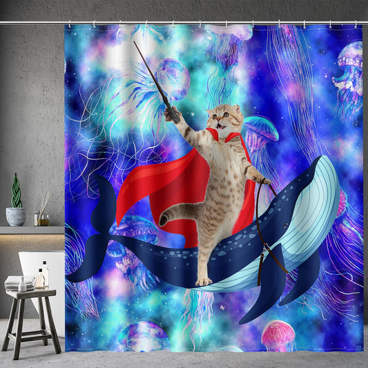 Aimego Funny Cat Shower Curtains - Cute Cat Riding Whale Shark on