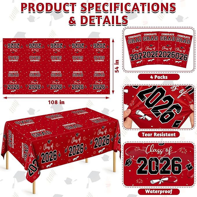 QZYL 4 Pack Graduation Table Cloth, 54" x 108" Red 2026 Graduation