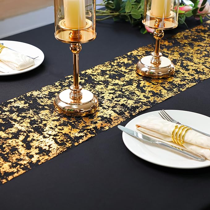 Snowkingdom 2 Pcs Black and Gold Table Runner, 11 x 108 Inch Gold