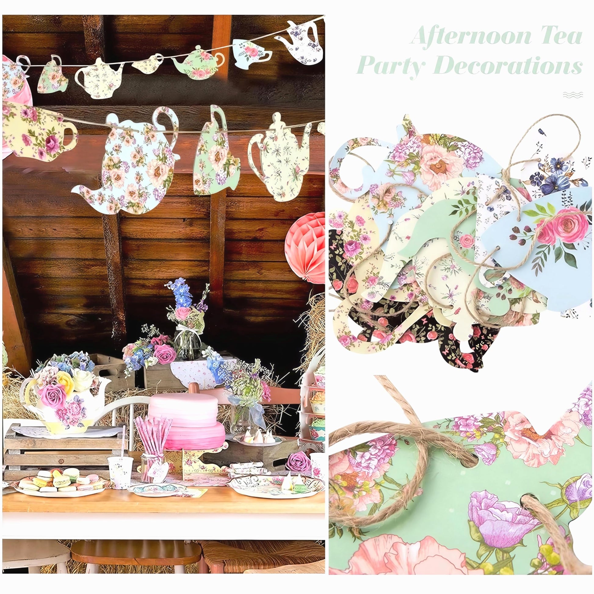 SUNBEAUTY Tea Party Decoration Teapot Bunting Garland Spring Garden