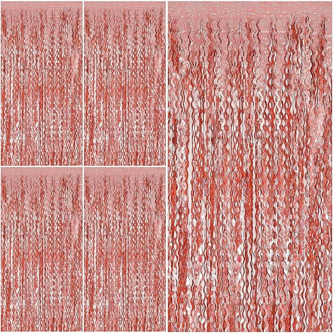 Rose Gold Tinsel Foil Fringe Curtains Wavy Backdrop for Parties