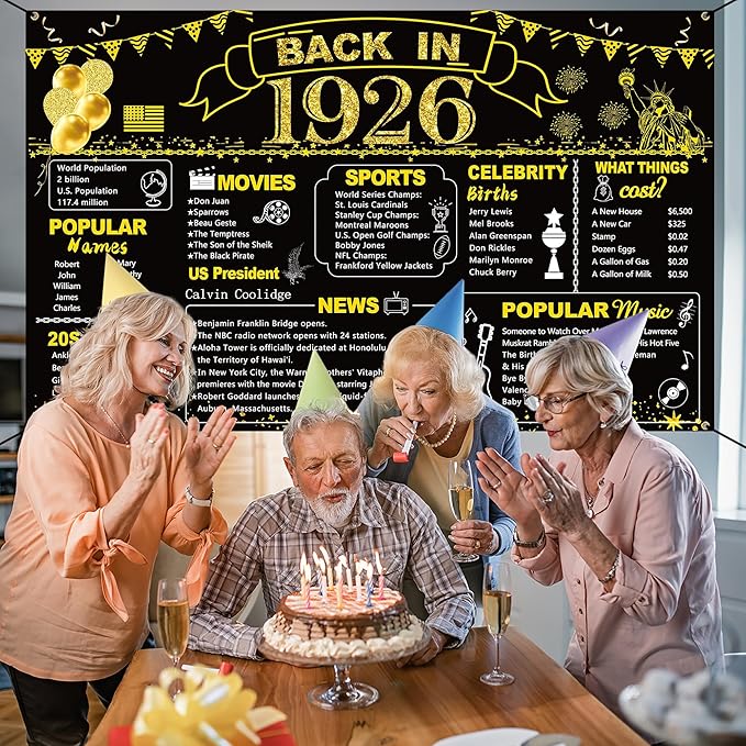 DARUNAXY 100th Birthday Black Gold Party Decoration, Back in 1926