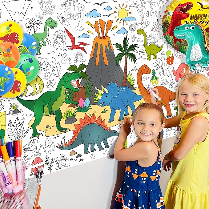 Dinosaur Coloring Tablecloth for Kids Jumbo 30x72 Inch Poster with