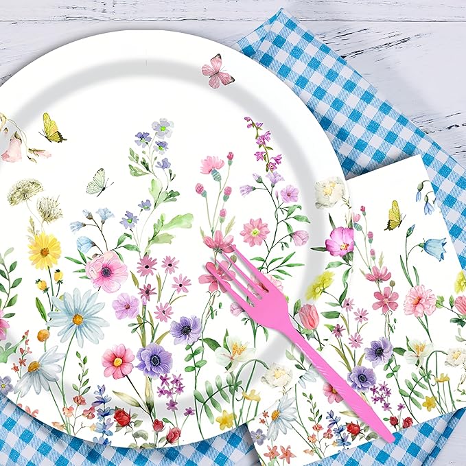96Pcs Wildflower Plates and Napkins Spring Party Decorations Floral