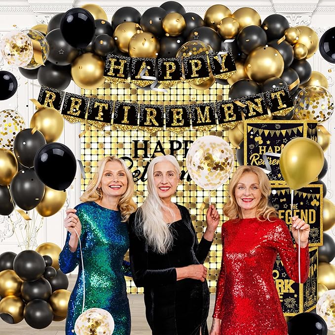 Happy Retirement Party Decorations Kit for Men Women Black Gold