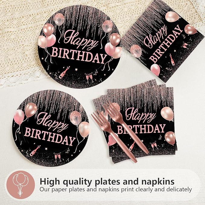 96 Pcs Rose Gold Birthday Decorations for Women Pink and Black