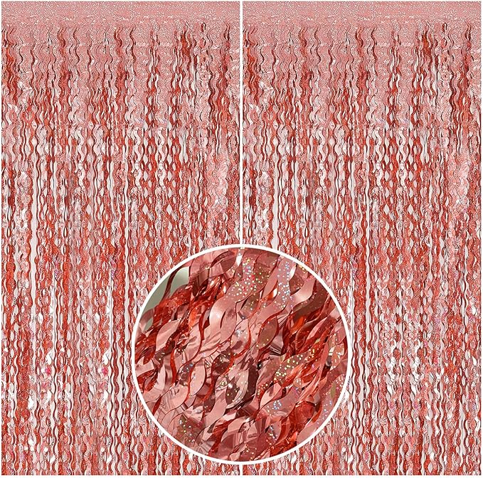 Rose Gold Tinsel Foil Fringe Curtains Wavy Backdrop for Parties Sparkl
