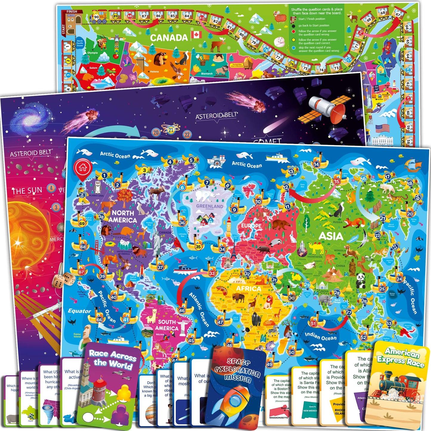 QUOKKA 3X Set Learning Board Games for Kids 8-12 - Educational Trivia