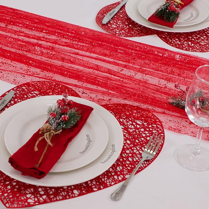 Snowkingdom Red Christmas Table Runner 10 FT, Glitter Metallic Foil