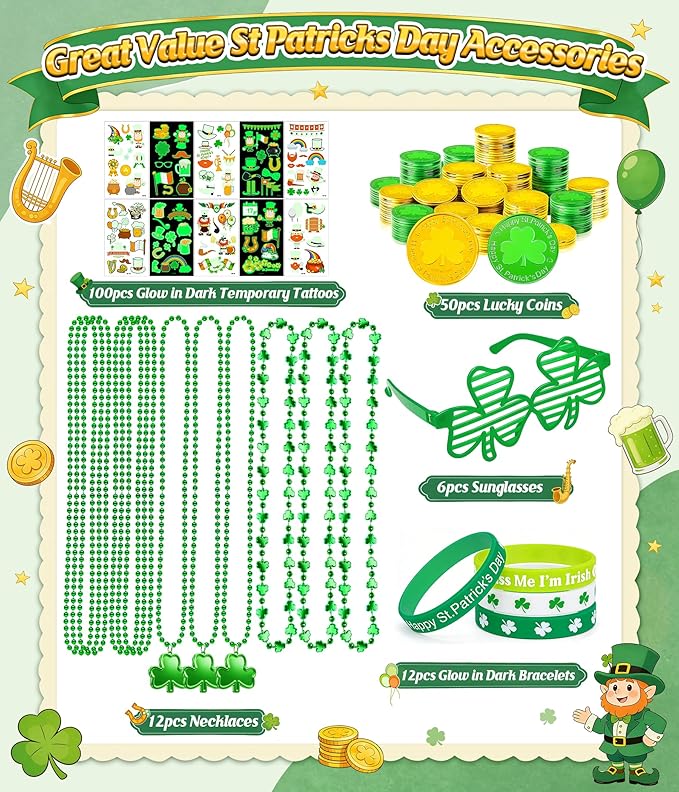 Jeowoqao 184pcs St Patricks Day Accessories Party Favor Set St