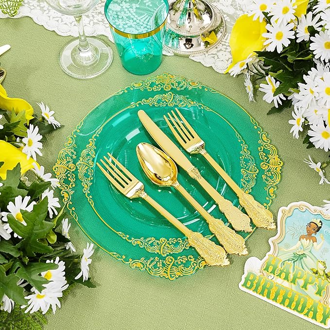 Hioasis 350pcs Green and Gold Plastic Plates - Green Party Plates for