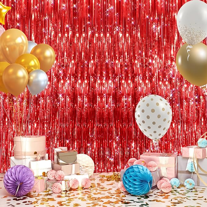 GCB 2 Pack Red Tinsel Backdrop, Fringe Curtains, Red Foil Tinsel