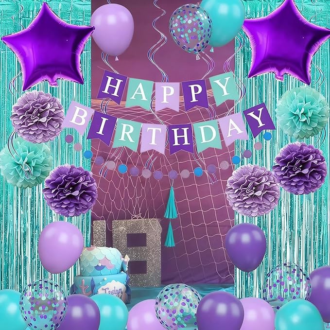Mermaid Birthday Decorations Purple Teal Blue Party Balloons Happy