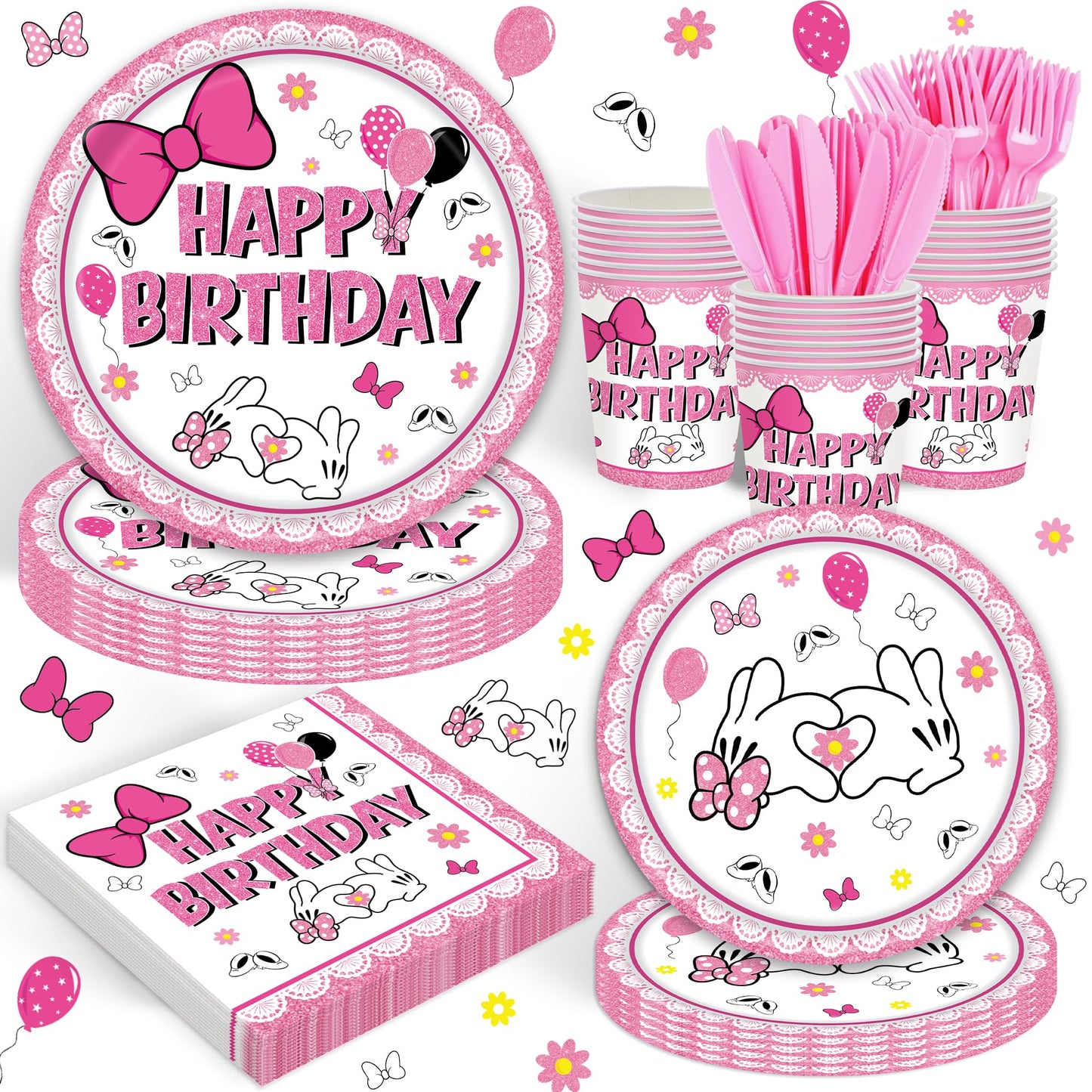 120pcs Pink Bow Mouse Plates Napkins Cartoon Birthday Party Supplies