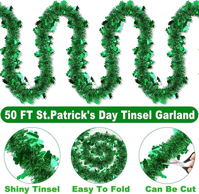 50 FT St Patricks Day Decorations Shamrock Garland Decor Green