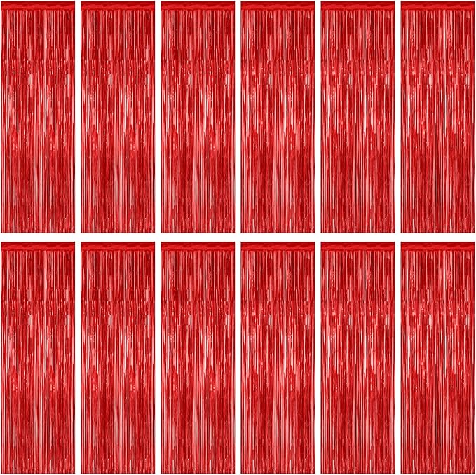 12 Pack Red Curtains, 3.28 FT x 7.05 FT Party Streamer, Metallic