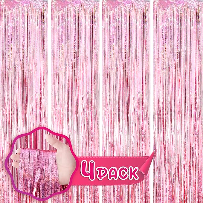 Voircoloria 4 Pack 3.3x8.2 Feet Laser Pink Foil Fringe Backdrop