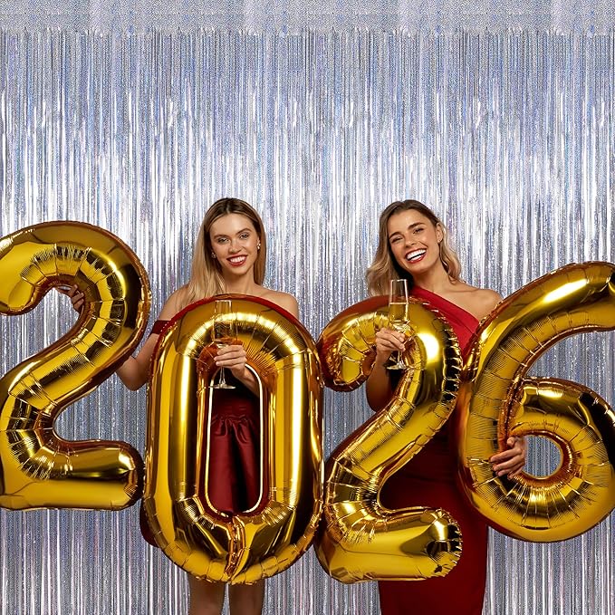 8 Pack 3.28 FT x 7.05 FT Tinsel Foil Fringe Backdrop, Glitter Silver