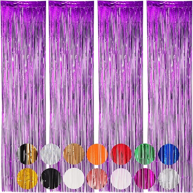 Voircoloria 4 Pack Purple Foil Fringe Backdrop Curtains, Tinsel