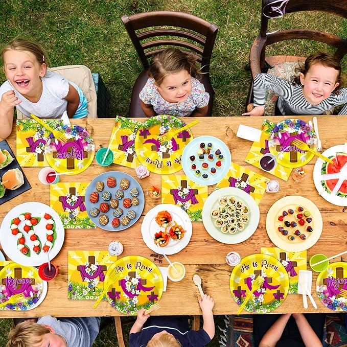 96 Pcs Easter Tableware Set He is Risen Plates Happy Easter Party