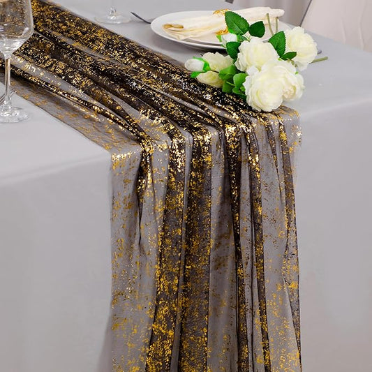 Snowkingdom Black and Gold Cheesecloth Table Runner 10 FT, Sheer