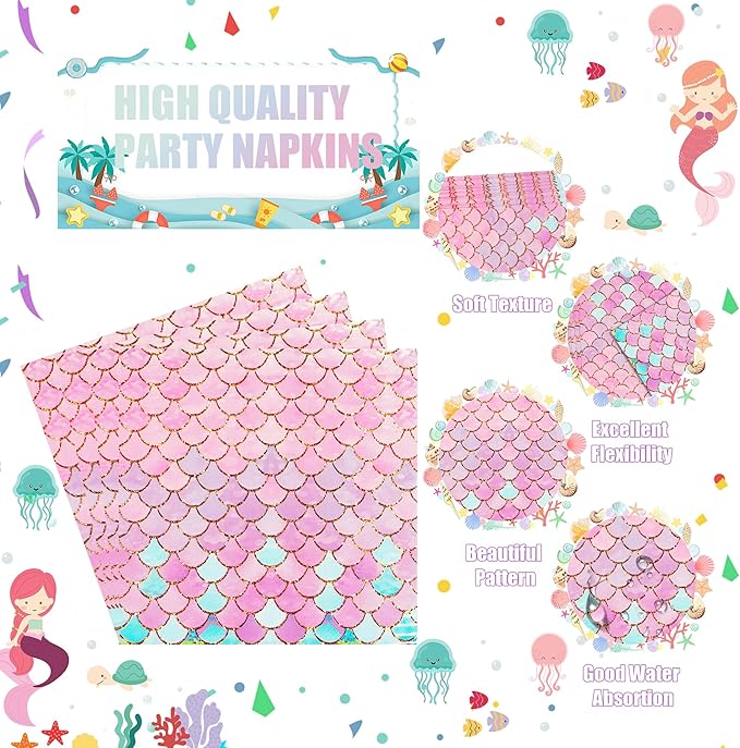 96 PCS Mermaid Party Plates & Napkins Set Serve 24 Disposable