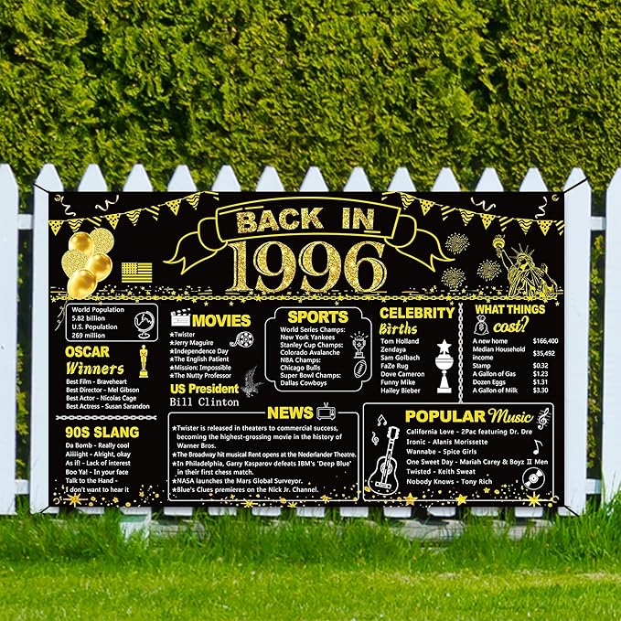 DARUNAXY 30th Birthday Black Gold Party Decoration, Back in 1996