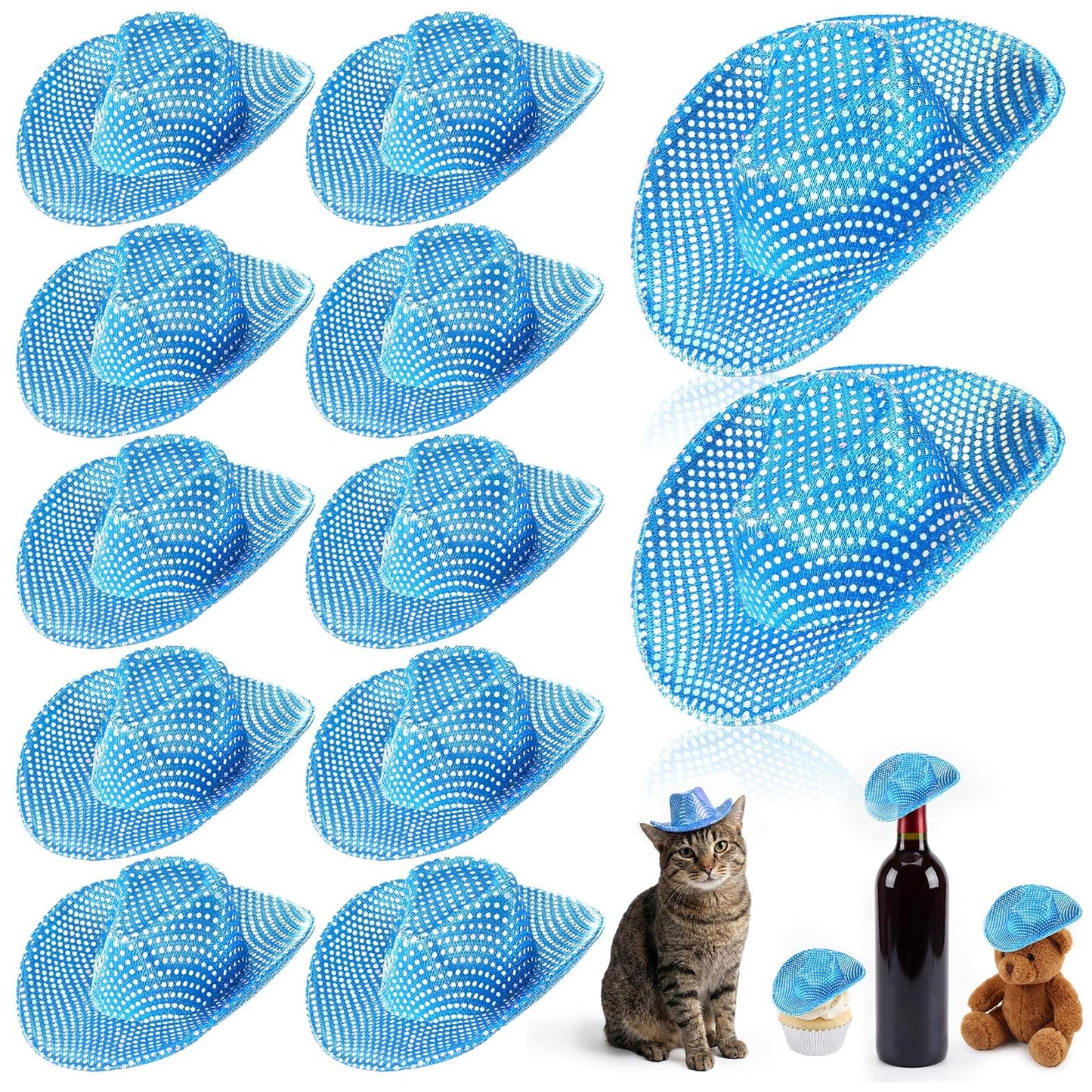 Sotiff 12 Pcs Mini Cowboy Hat Tiny Disco Glitter Hats for Crafts Blue