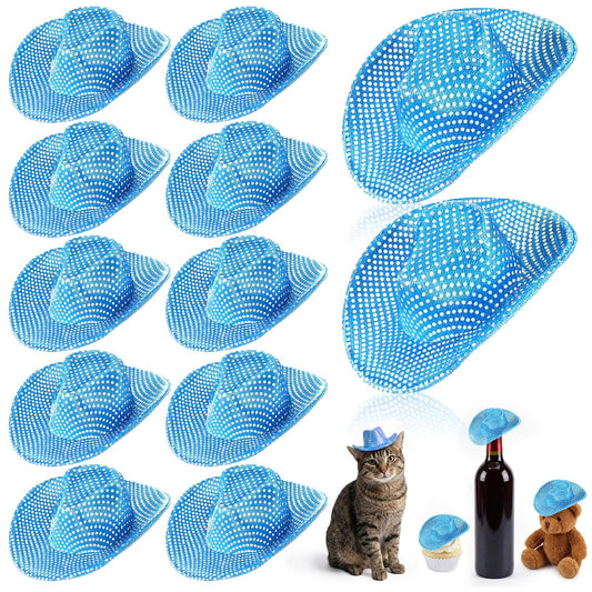 Sotiff 12 Pcs Mini Cowboy Hat Tiny Disco Glitter Hats for Crafts Blue