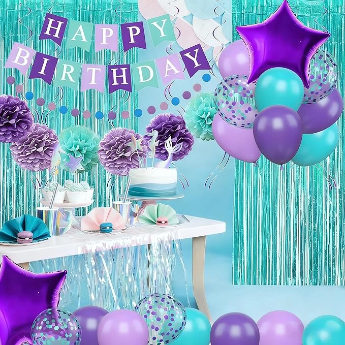 Mermaid Birthday Decorations Purple Teal Blue Party Balloons Happy