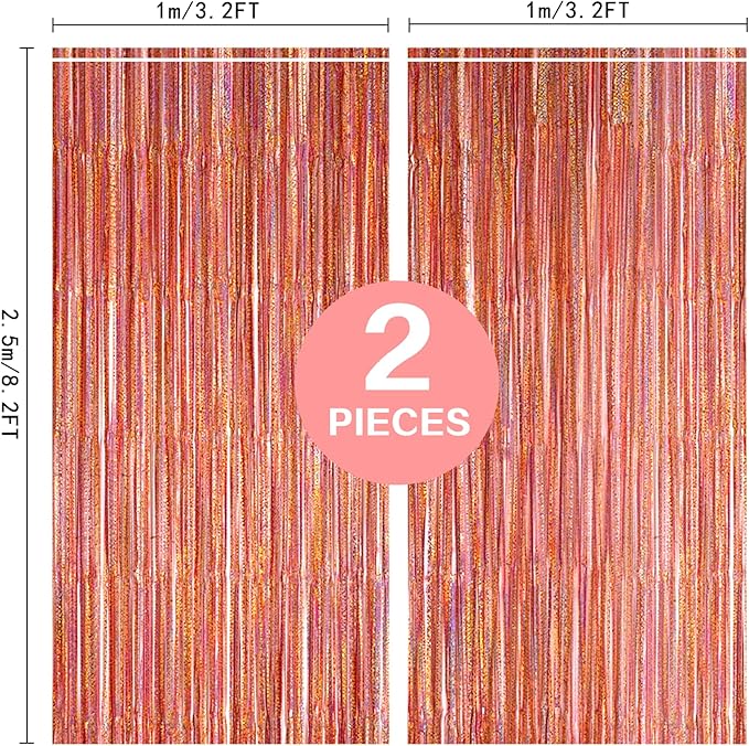 2 Pack 3.2ft x 8.2ft Rose Gold Foil Fringe Curtain Backdrop, Metallic