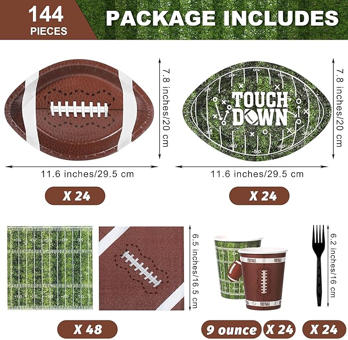 144 Pieces Football Party Decorations Disposable Football Tableware