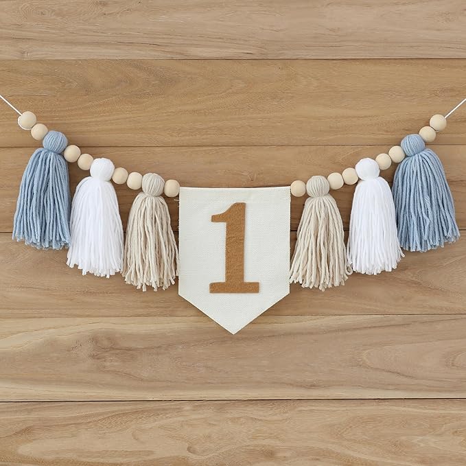 Boho Blue Handmade 1st Birthday High Chair Banner First Highchair