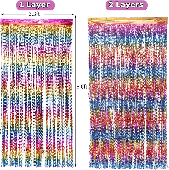 4 Pack Wavy Rainbow Foil Fringe Curtain | 3.3x6.6ft Colorful Tinsel