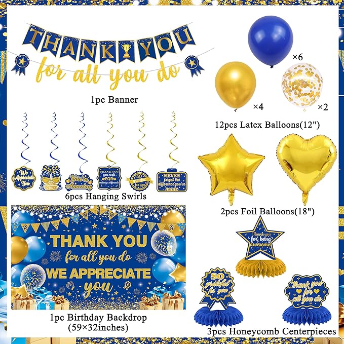Vlipoeasn We Appreciate You Banner Decorations, Blue Gold Thank You