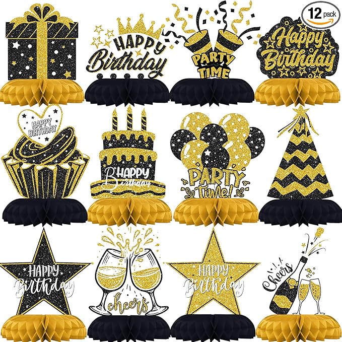 Black and Gold Birthday Decorations – 12Pcs Honeycomb Table